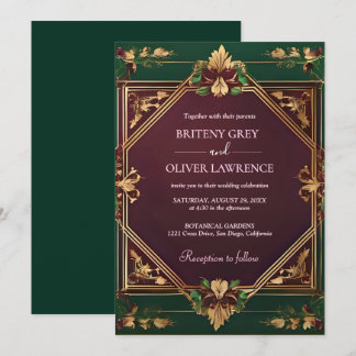 Invitation Mariage Géométrique Or Bordeaux et Floral Vert