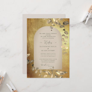 Invitation Mariage Géométrique Or Métallisé & Beige Feuillage