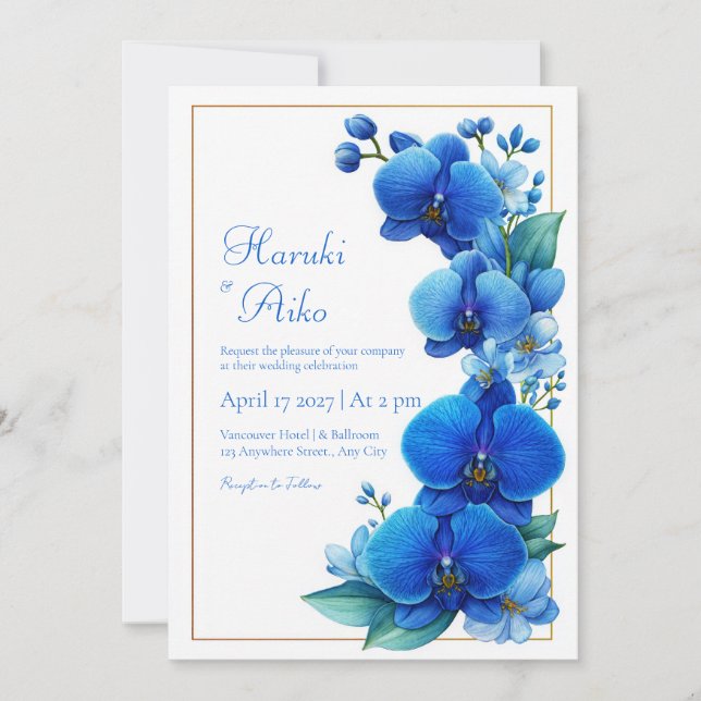 Invitation Mariage Géométrique Or Orchidée Bleue (Devant)