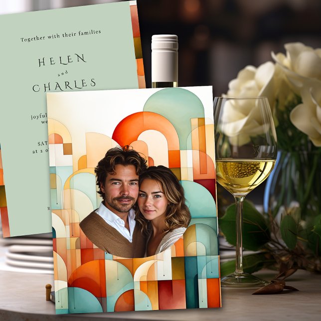Invitation Mariage Géométrique Orange Bleu Pêche Turquoise (Créateur téléchargé)