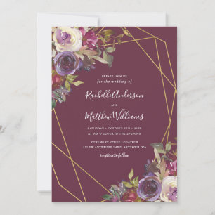 Invitation Mariage géométrique Plum Floral Or Automne