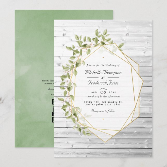 Invitation Mariage géométrique QR Code RSVP avec verdure rust (Devant / Derrière)