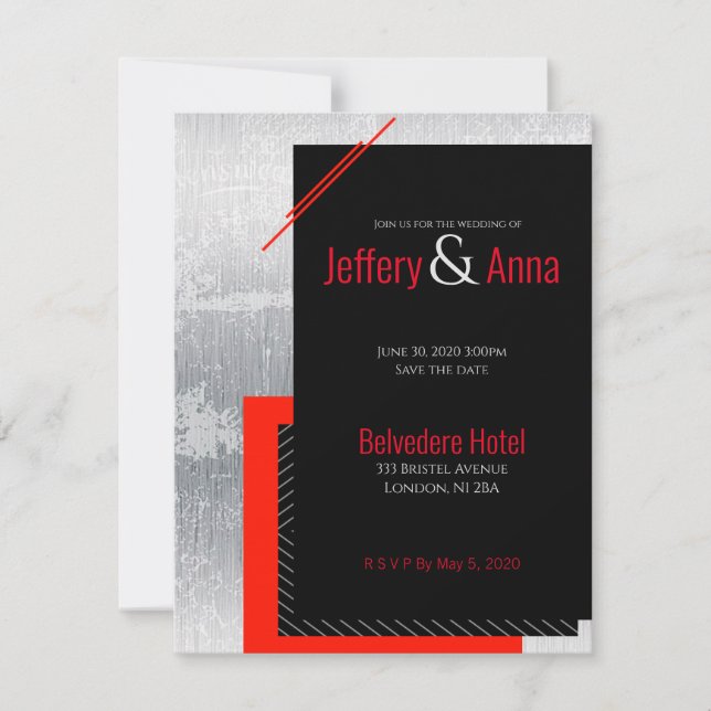 Invitation Mariage géométrique rayures rouges, noires, grises (Devant)