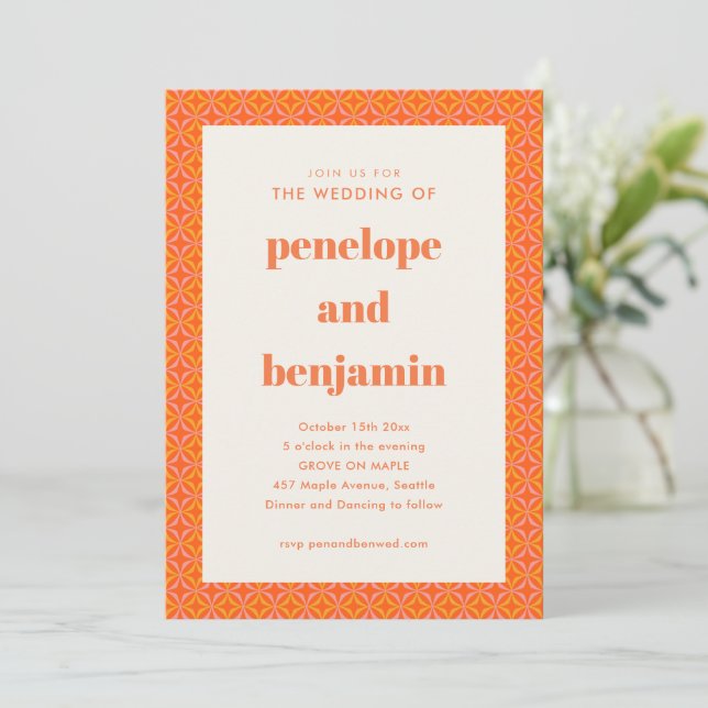 Invitation Mariage Géométrique Rétro Rose Orange Moderne  (Debout devant)