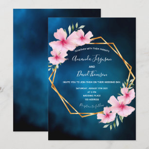 Invitation Mariage géométrique rose bleu foncé