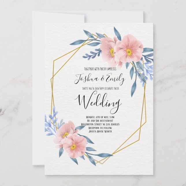 Invitation Mariage géométrique rose bleu or flou (Devant)