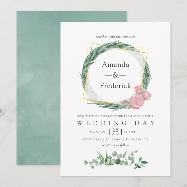 Invitation Mariage géométrique Rose Eucalyptus aquarelle (Devant / Derrière)