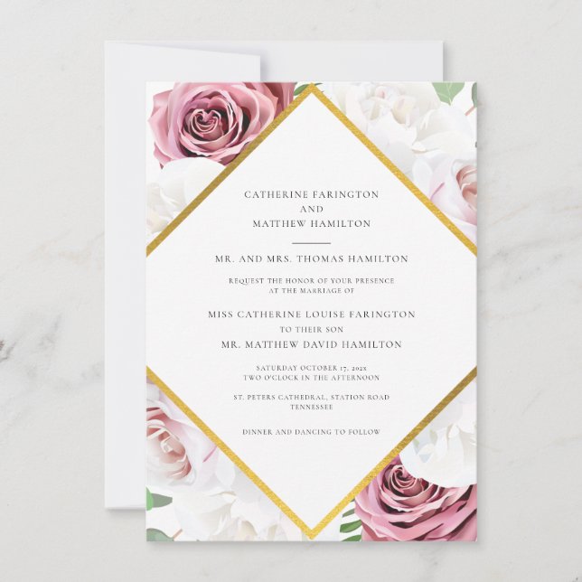Invitation Mariage géométrique rose floral (Devant)