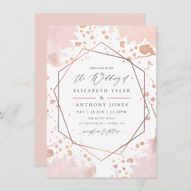 Invitation Mariage géométrique rose gold et rose blush (Devant / Derrière)