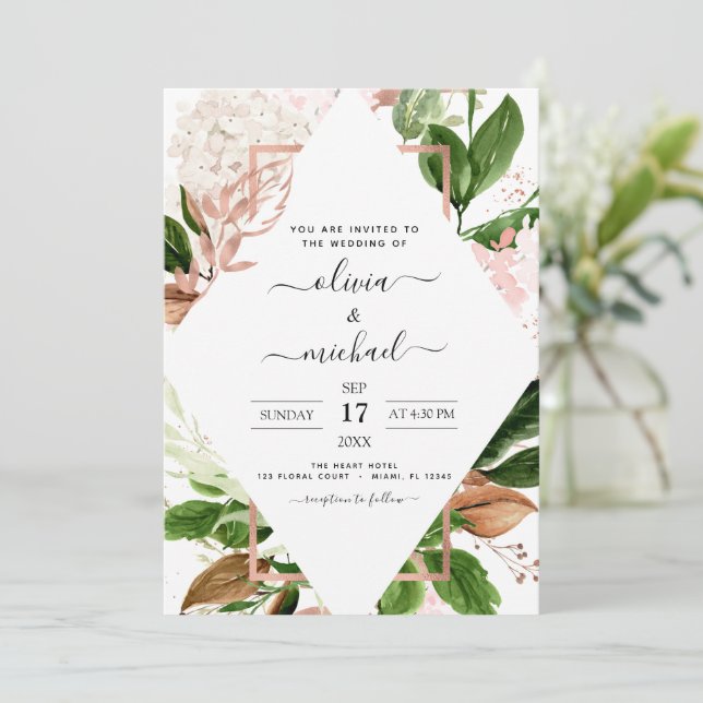 Invitation Mariage géométrique rose Gold Greenery (Debout devant)