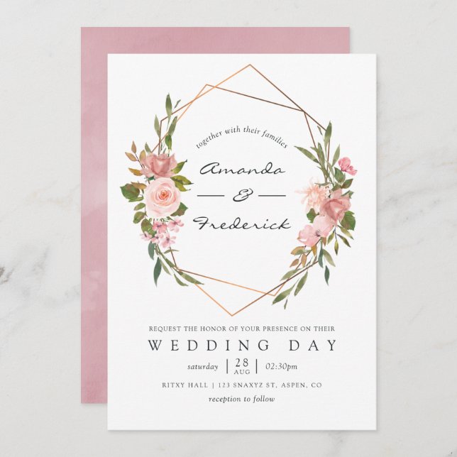 Invitation Mariage géométrique rose or et rose pâle (Devant / Derrière)