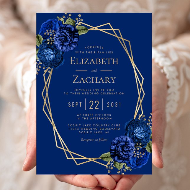 Invitation Mariage géométrique Royal Blue Floral Gold (Créateur téléchargé)