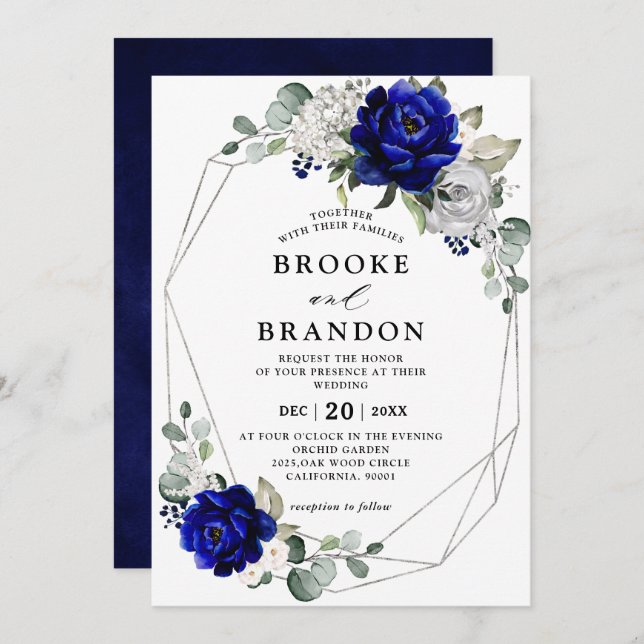 Invitation Mariage géométrique Royal Blue Silver White Ivory (Devant / Derrière)