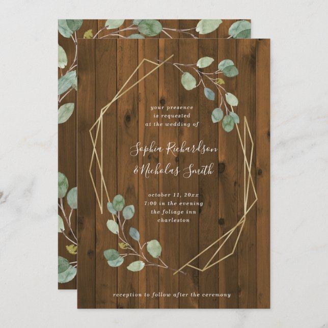 Invitation Mariage géométrique rustique de la verdure | (Devant / Derrière)