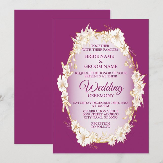 Invitation Mariage géométrique rustique floral blanc doré ros (Devant / Derrière)