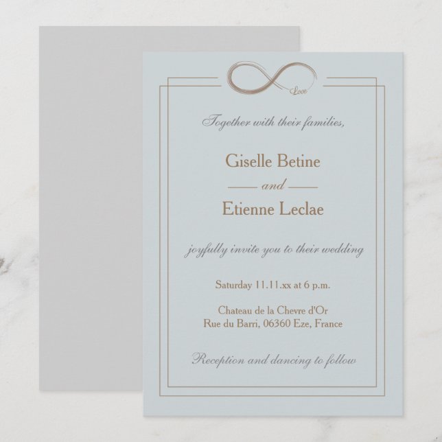 Invitation Mariage géométrique Signe d'infini bleu or (Devant / Derrière)