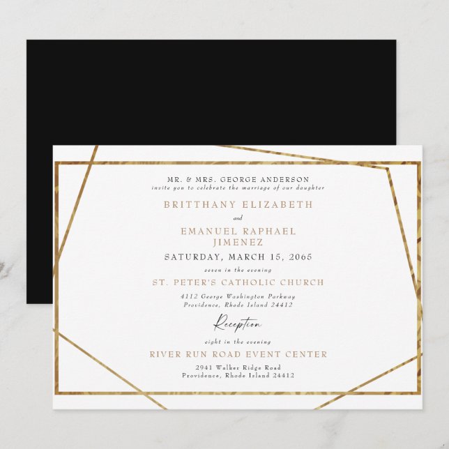 Invitation Mariage géométrique simple blanc noir et or (Devant / Derrière)