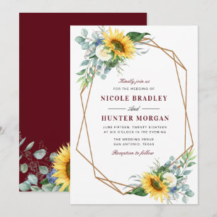 Invitation mariage géométrique tournesol burgundy floral
