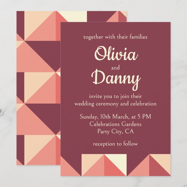 Invitation Mariage géométrique triangle rose violet (Devant / Derrière)