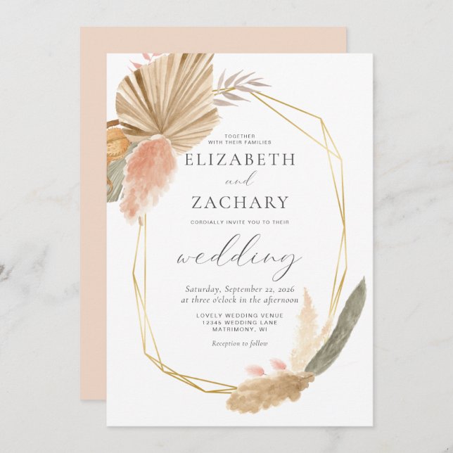 Invitation Mariage géométrique Tropical séché Palm Gold (Devant / Derrière)