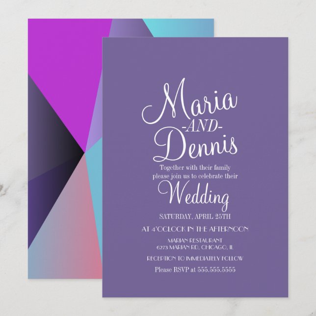 Invitation Mariage Géométrique Violet Moderne Coloré (Devant / Derrière)