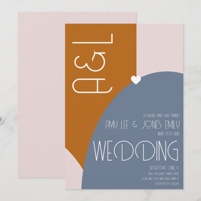 Invitation Mariage Géométriques Modernes Terracotta Rose Bleu (Devant / Derrière)