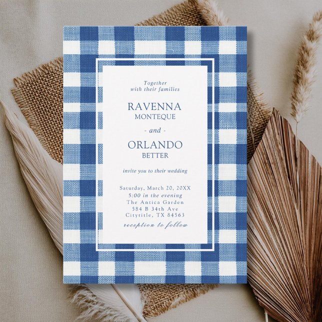 Invitation Mariage Gingham à carreaux Bleu Bébé et Navy Class (Créateur téléchargé)