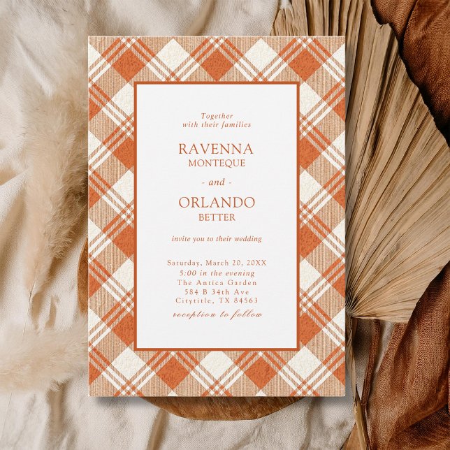 Invitation Mariage Gingham à carreaux orange rustique atténué (Créateur téléchargé)