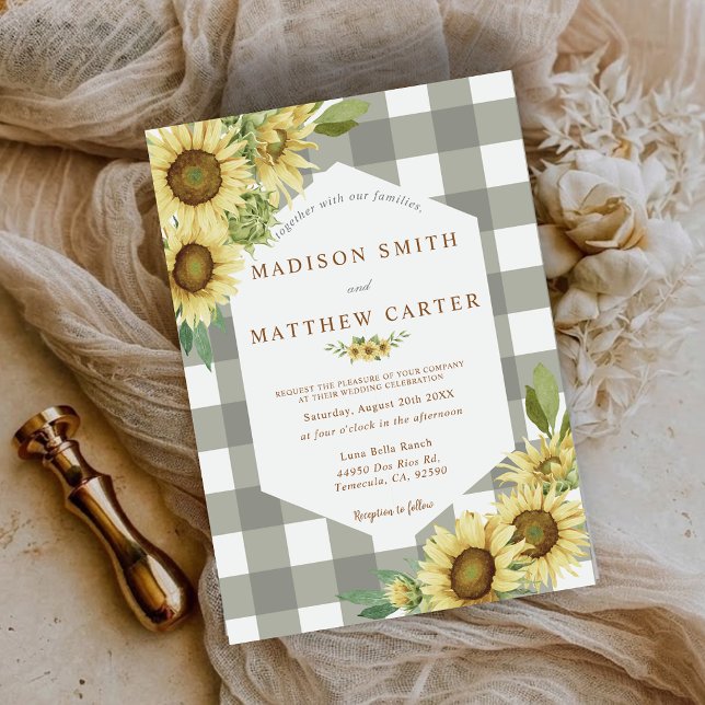 Invitation Mariage Gingham au Tournesol Rustique à carreaux d (Rustic Sunflower Gingham Buffalo Plaid Wedding Invitation)