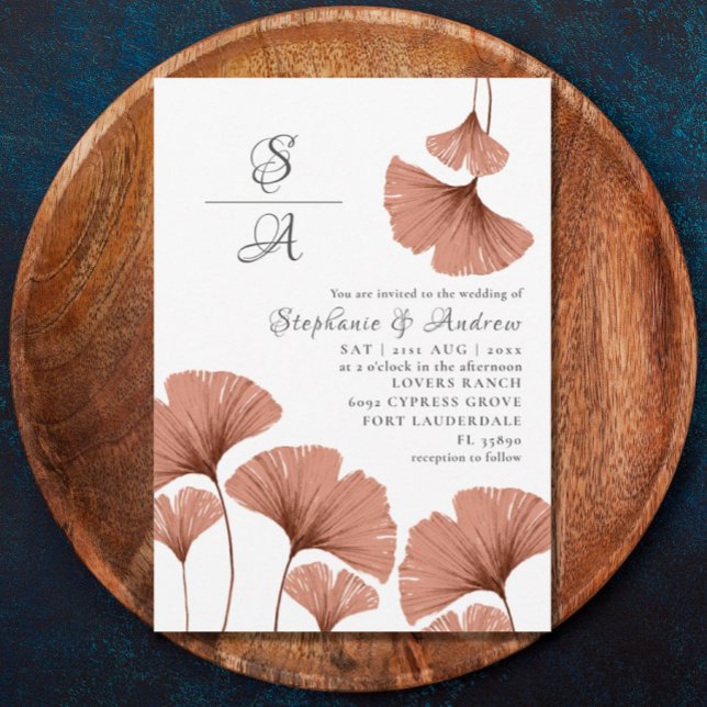 Invitation Mariage ginkgo aquarelle terracotta rustique   (Créateur téléchargé)