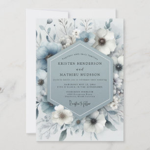 Invitation Mariage givré à floraison bleu ardoise