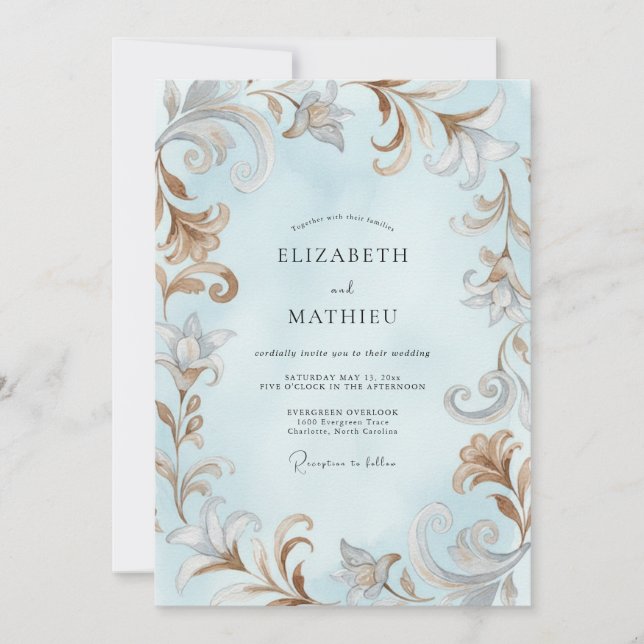 Invitation Mariage glace baroque eucalyptus acanthe (Devant)