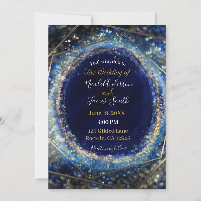 Invitation Mariage Glam Abstrait Moderne Bleu & Or (Devant)