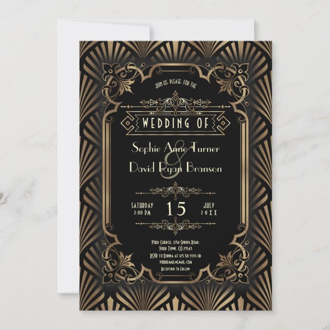 Invitation Mariage Glam Art Déco Or Noir Style Gatsby 20s (Devant)
