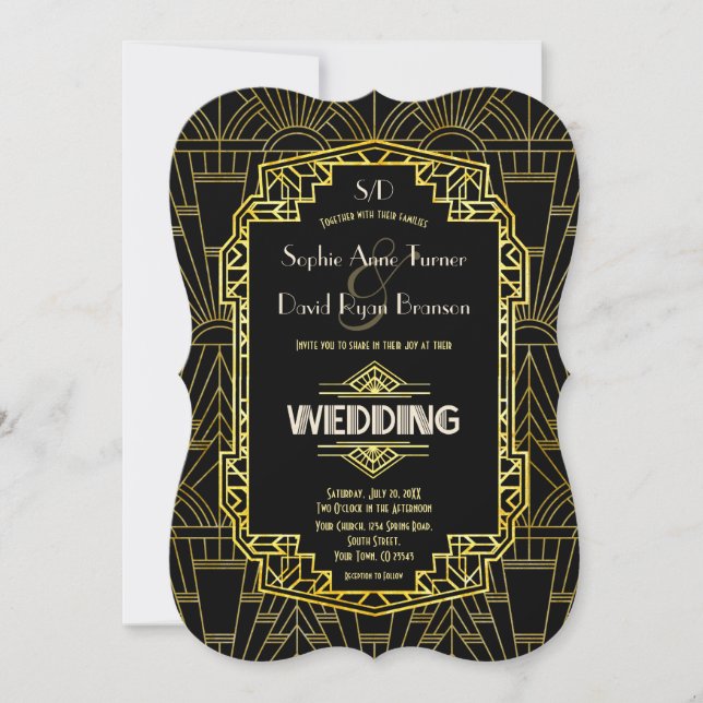 Invitation Mariage Glam Black & Gold Great Gatsby Art Déco (Devant)