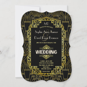 Invitation Mariage Glam Black & Gold Great Gatsby Art Déco