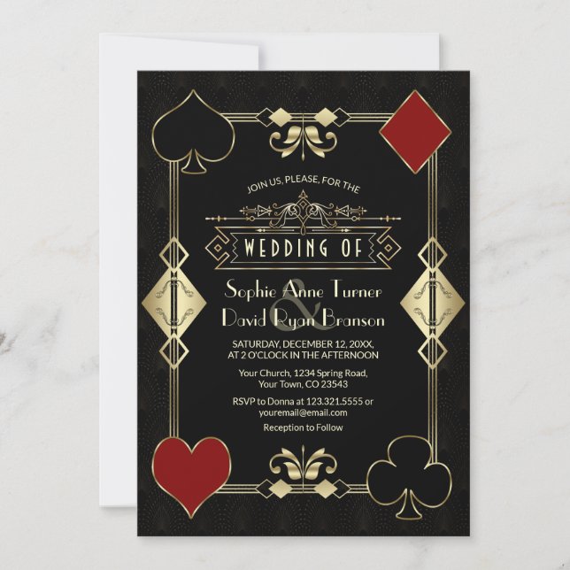 Invitation Mariage Glam Casino Or Art Déco Fleur-de-Lis (Devant)