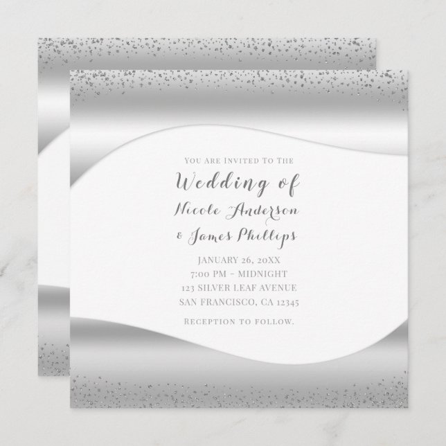 Invitation Mariage Glam de luxe Silver Wave Sparkle Parties s (Devant / Derrière)