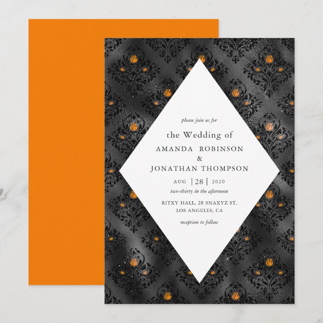 Invitation Mariage Glam Orange et Noir en Faux Damassé Brilla (Devant / Derrière)