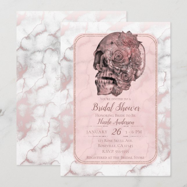 Invitation Mariage Glam Rose Gold Rose Crâne Marbre (Devant / Derrière)