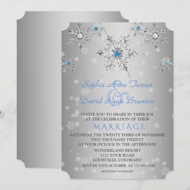 Invitation Mariage Glam Silver Snowflakes Crystal Blue Pearls (Devant / Derrière)