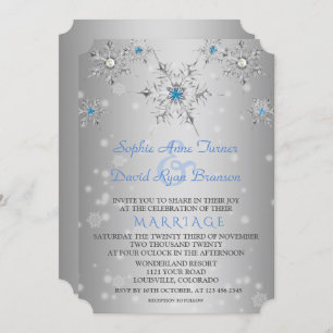 Invitation Mariage Glam Silver Snowflakes Crystal Blue Pearls