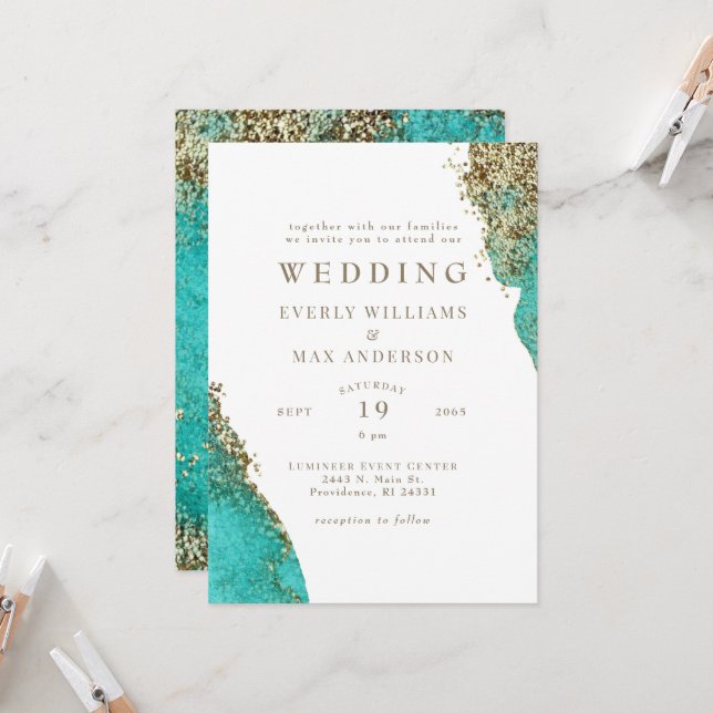 Invitation Mariage Glam Turquoise & Or Métallisé (Devant/Arrière en situation)