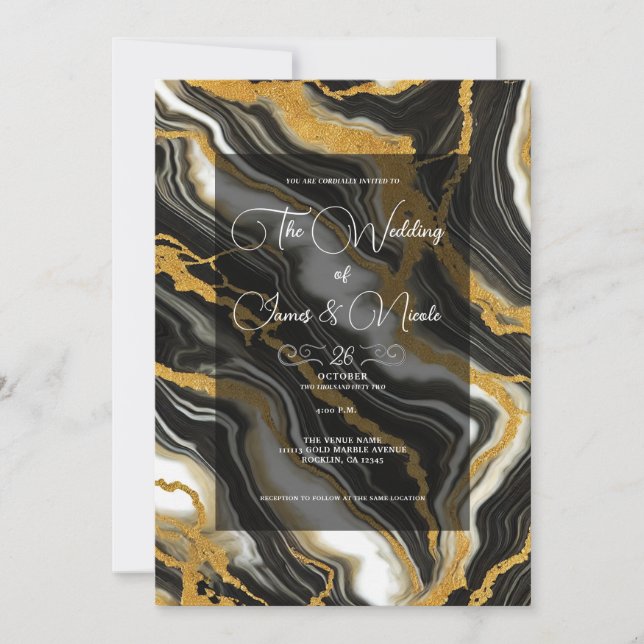 Invitation  Mariage Glamour Aspect Marbre Noir Blanc Or Chic  (Devant)