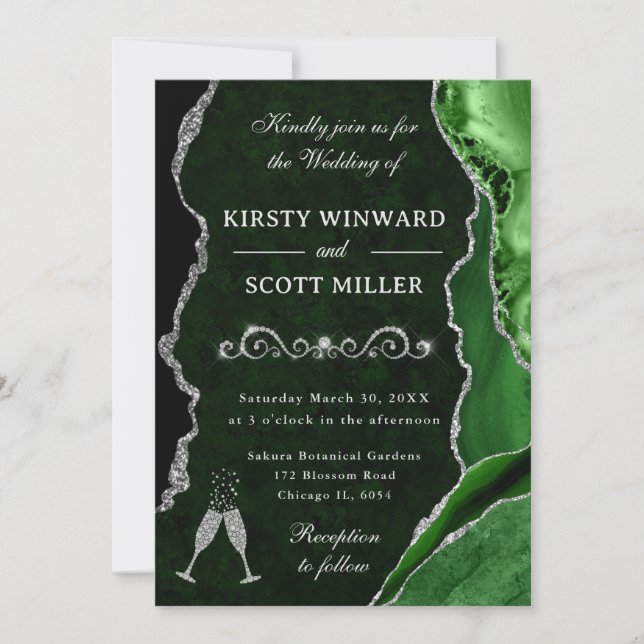 Invitation Mariage Glamour Bille de Verre Agate Argent Vert (Devant)