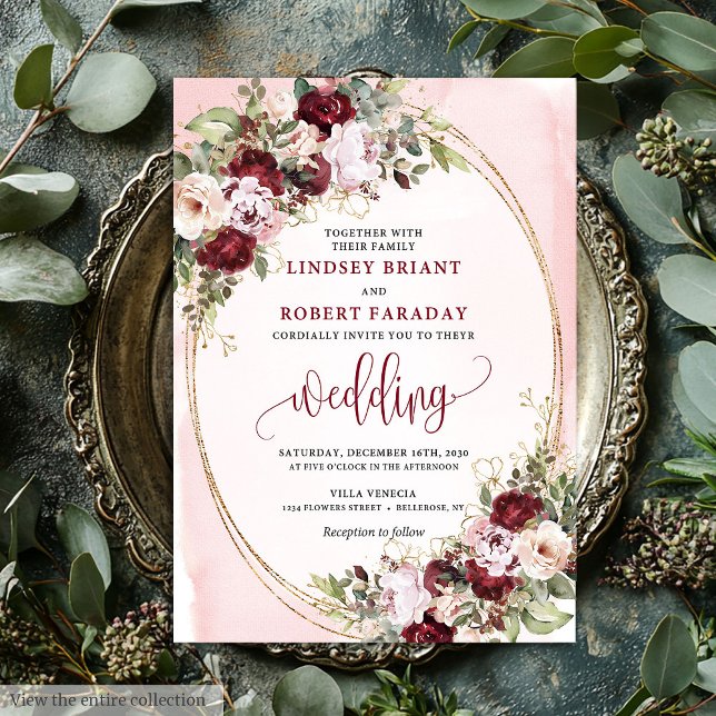 Invitation Mariage Glamour Boho Bourgogne Rose Doré  (Glamorous Boho Burgundy Blush Gold Roses Wedding Invite

)