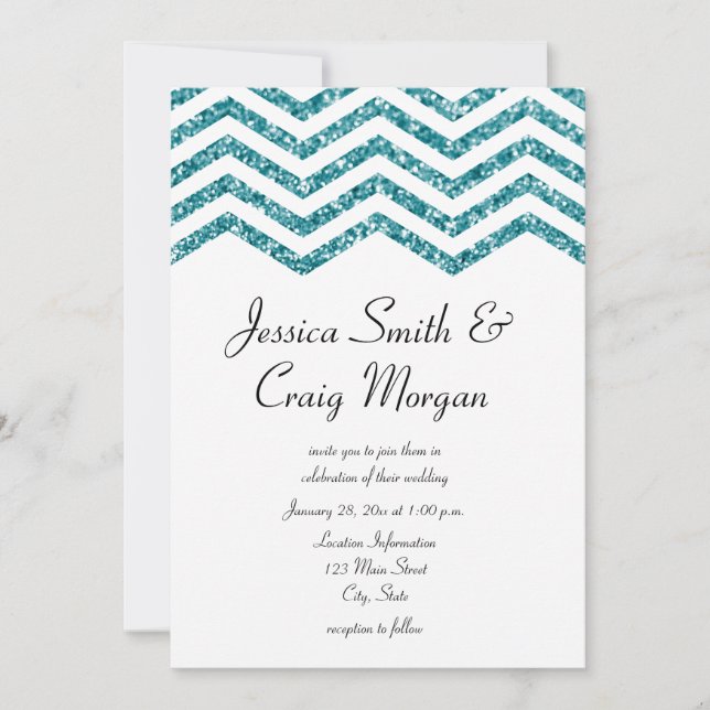 Invitation Mariage Glamour Faux Turquoise Pailleté Chevron (Devant)