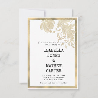 Invitation Mariage glamour fleurs pailletées or blanc de luxe