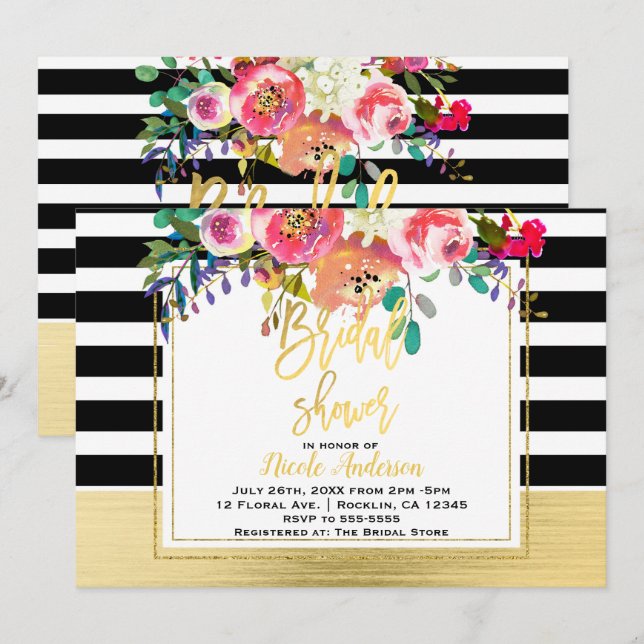 Invitation Mariage Glamour Floral Moderne Écriture Dorée (Devant / Derrière)