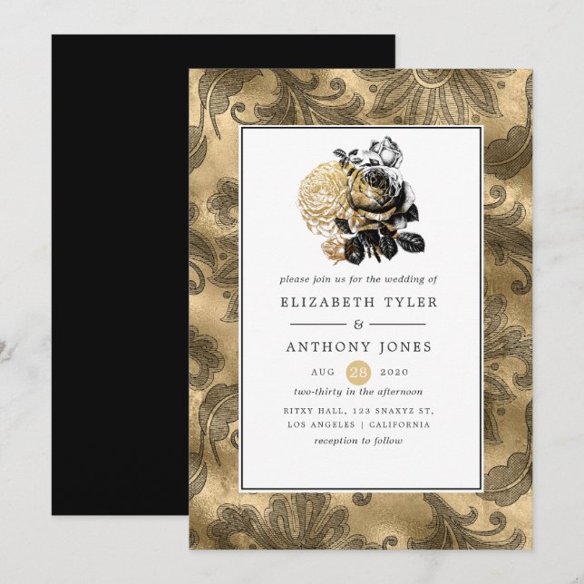 Invitation Mariage Glamour Noir et Or (Devant / Derrière)